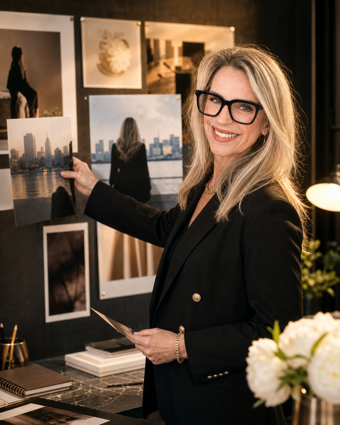 A woman entrepreneur selecting the clearest story inside a sophisticated editorial message studio