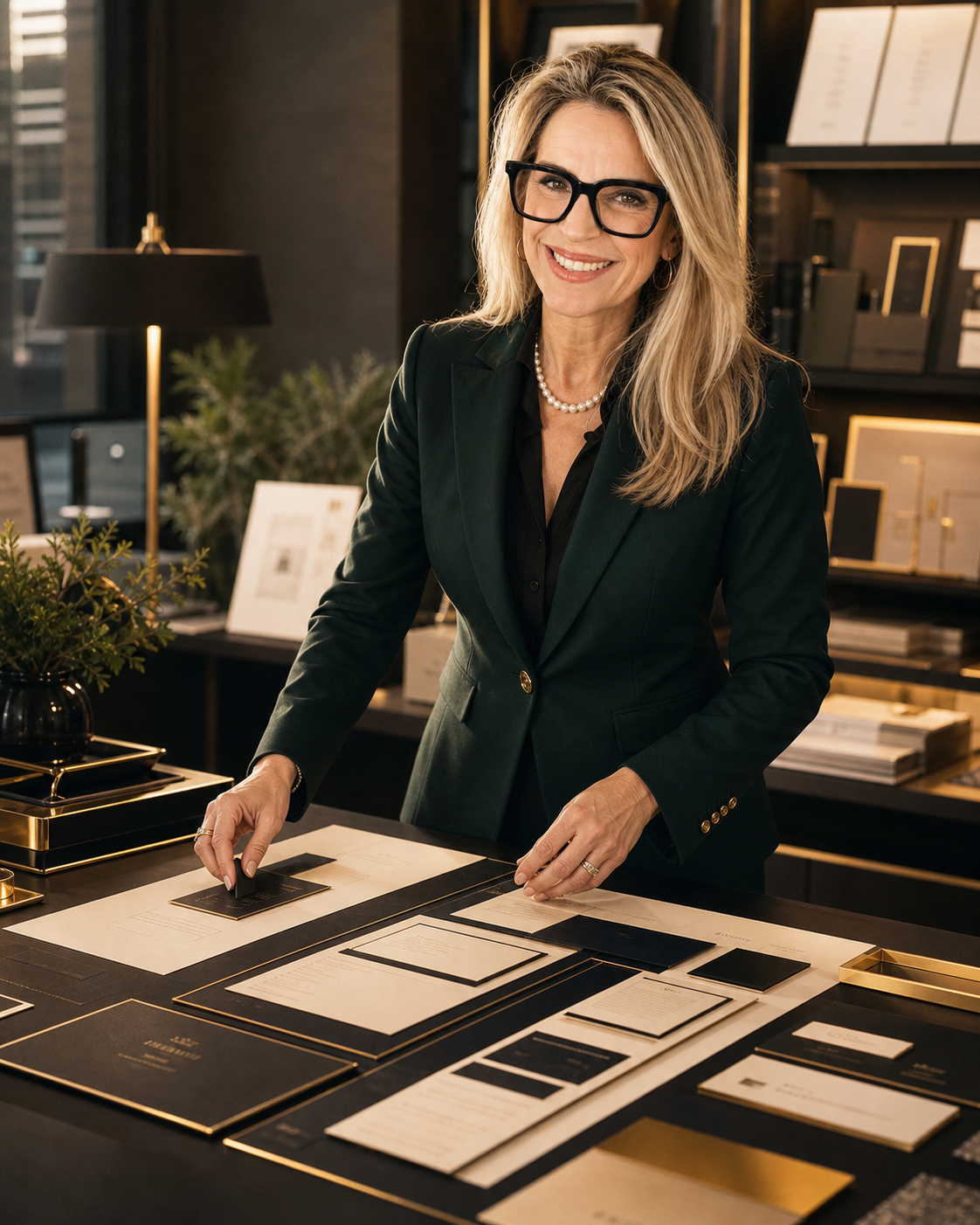A woman entrepreneur arranging a premium offer architecture on an editorial worktable
